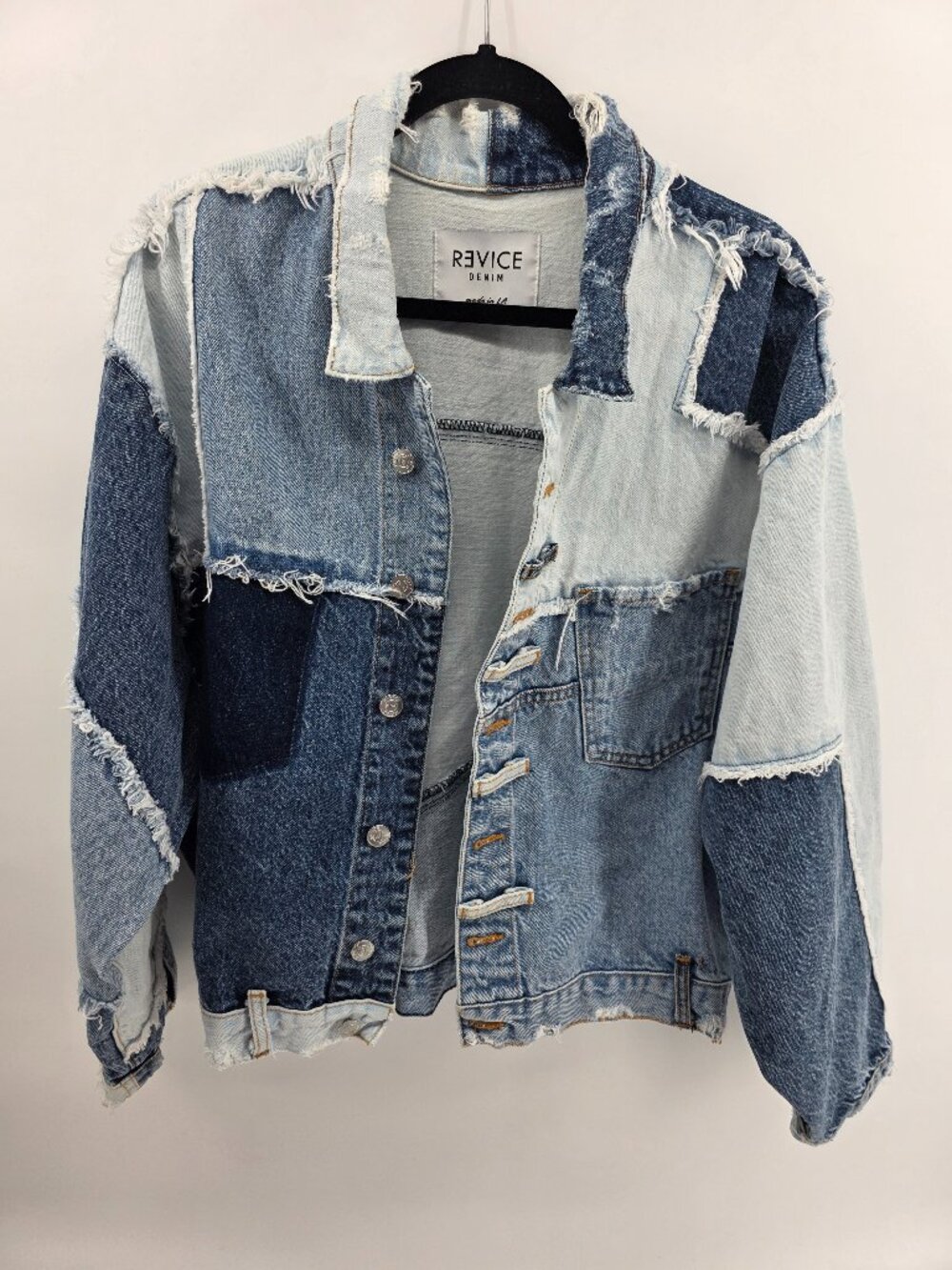 Revice Denim Patchwork‎ Distressed Cropped Jacket – Blue – M